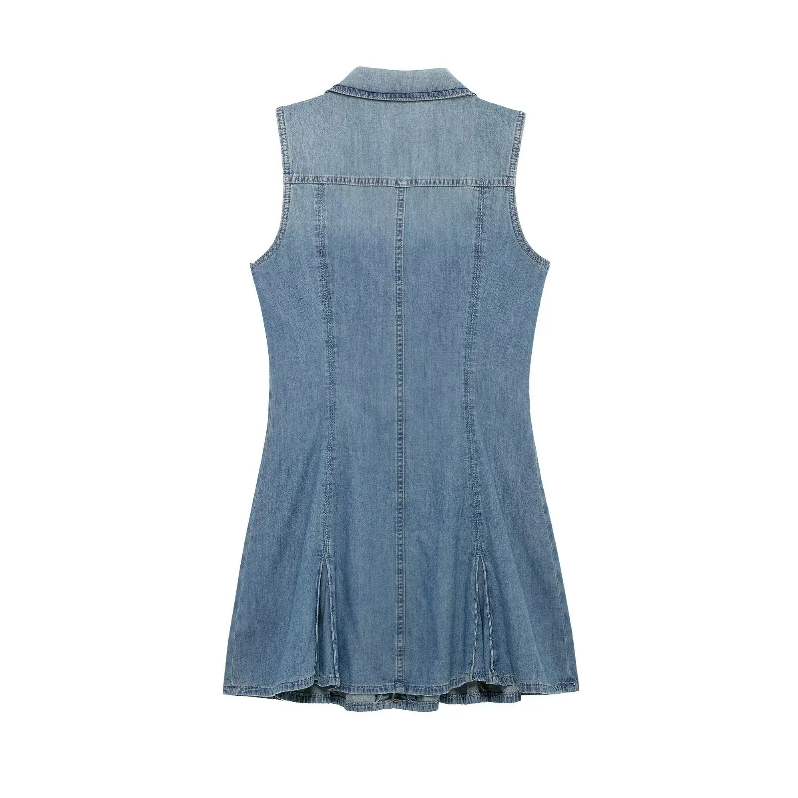 Women Vintage Denim Mini Dress Zipper Front Sleeveless Lapel Pleated Jean Dress Y2K Streetwear Slim Summer Sundress - view 2