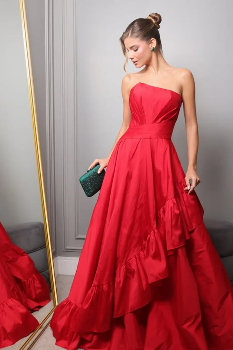 Jessica Exquisite rote Abendkleider mit gekräuseltem Saum, Taft-Abschlussballkleider, schulterfrei, für Damen, Vestidos De Gala, individuell