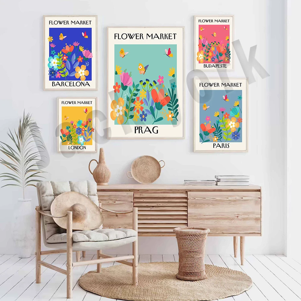 Flower market poster, Paris, Prague, London, Budapest, Barcelona flower market travel city aesthetic poster, gallery wall art