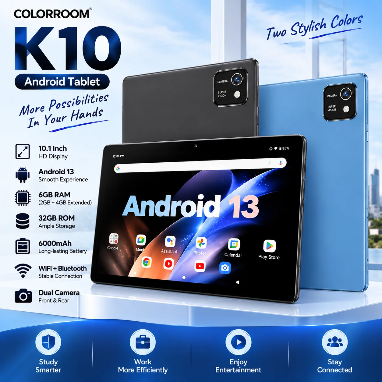 COLORROOM COLORROOM K10 10.1 Inch Android 13 Tablet 6GB RAM 32GB ROM 6000mAh HD IPS WiFi Bluetooth Dual Camera for Work Study Entertainmen - Aliexpress Deal