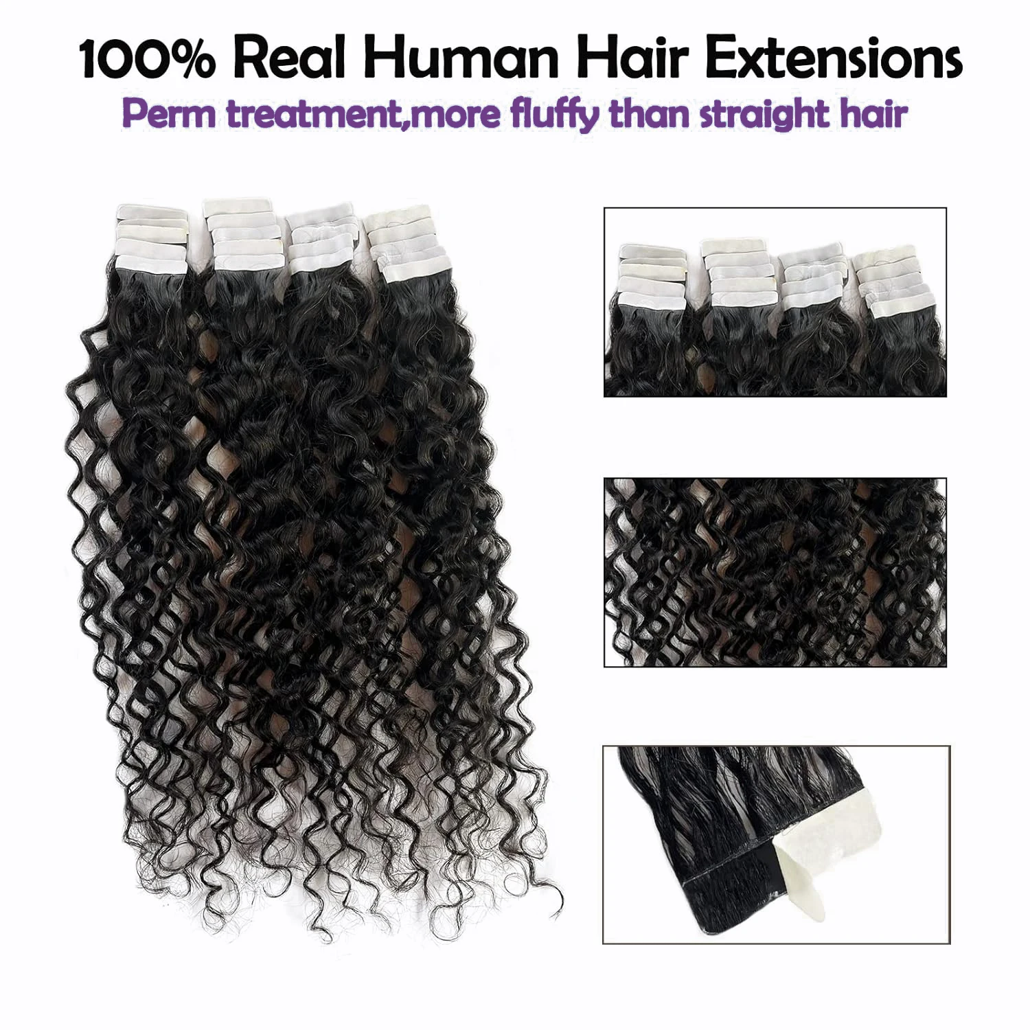 Deep Wave Tape Extensions, 100% cabelo remy humano real, trama de pele encaracolada, cola adesiva na qualidade do salão, cor natural