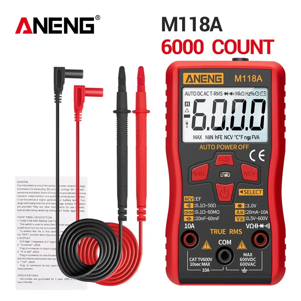 ANENG M118A Digital Multimeter Tester Multifunction Auto True Rms Tranistor Meter with NCV Data Hold 6000counts Flashlight