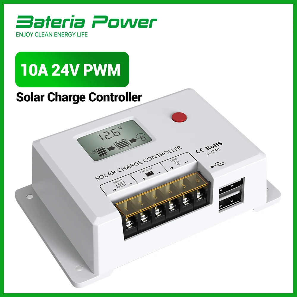 

10A 24V PWM Solar Charge Controller with LCD Display Dual USB Multiple Load Control Modes