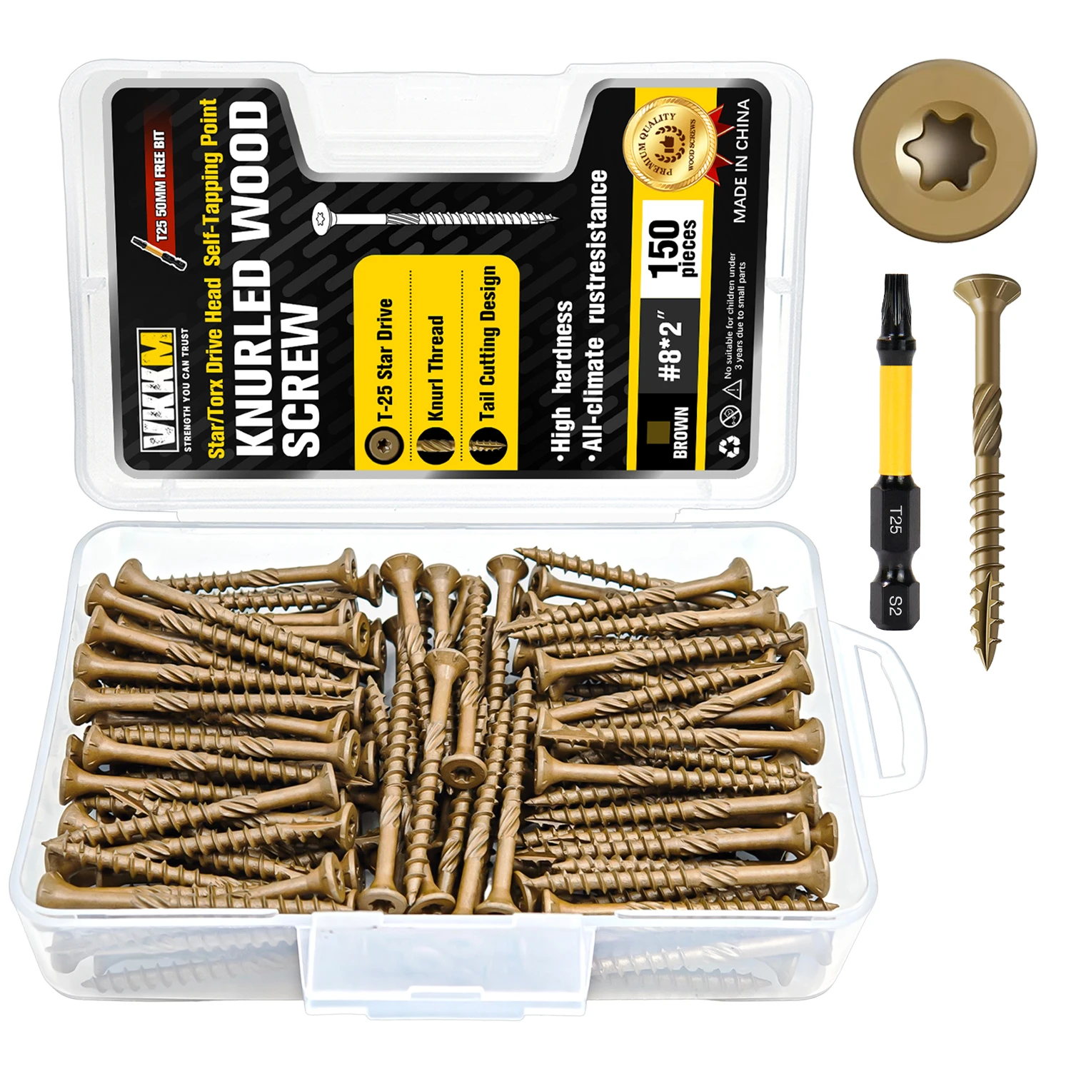 VKKM 150Pcs #8×2 Inch Brown T25 Torx Knurled Wood Screws, Anti-Split Self-Tapping Deck Lag Screws with Free Magnetic T25 Drill Bit, for Indoor Furniture, Outdoor Deck, Fence, Pergola, Pressure Treated Lumber Woodworking DIY Projects