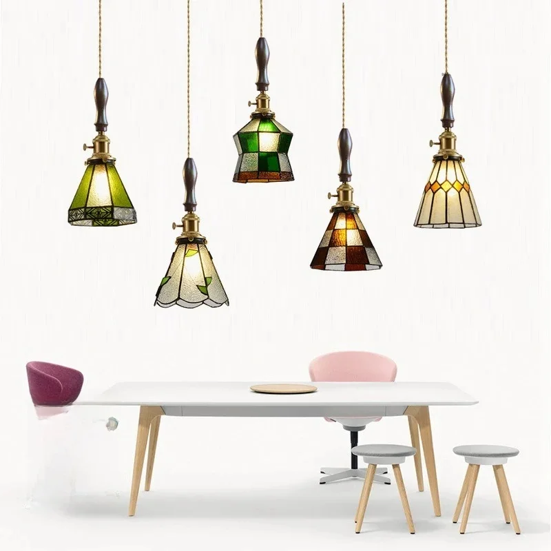 Lampes de face rétro méditerranéennes industrielles, verre à vent, salle à manger, chambres à coucher, lampes de lit, rétro, nostalgie, petit lustre Lampe LED Suspendue en Bois et Cuivre, Abat-Jour en