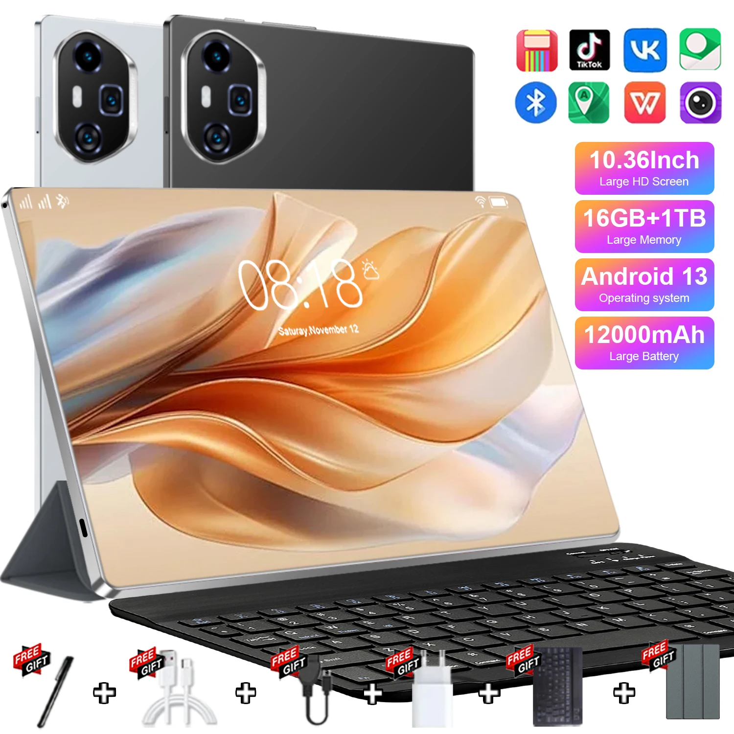 Tablet Android Multiusos para Estudiantes y Oficina, 10 Núcleos, 16GB+1TB, 5G WiFi, Batería de Ultra Larga Duración 12000mAh, Lápiz Óptico y Teclado Bluetooth Incluidos