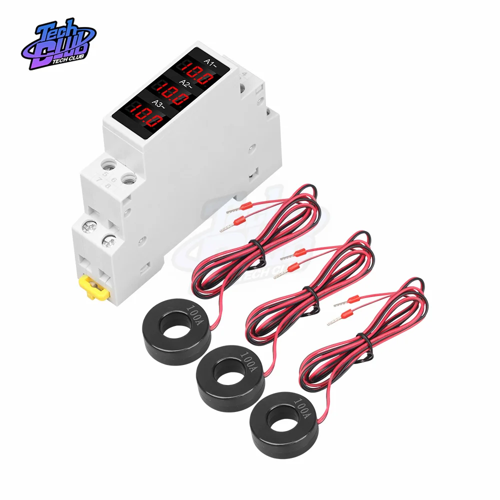 AC 80~500V 1~100A LED Din Rail Digital Display Ammeter Three-Phase Modular Current Meter Gauge Indicator Electrician Tool