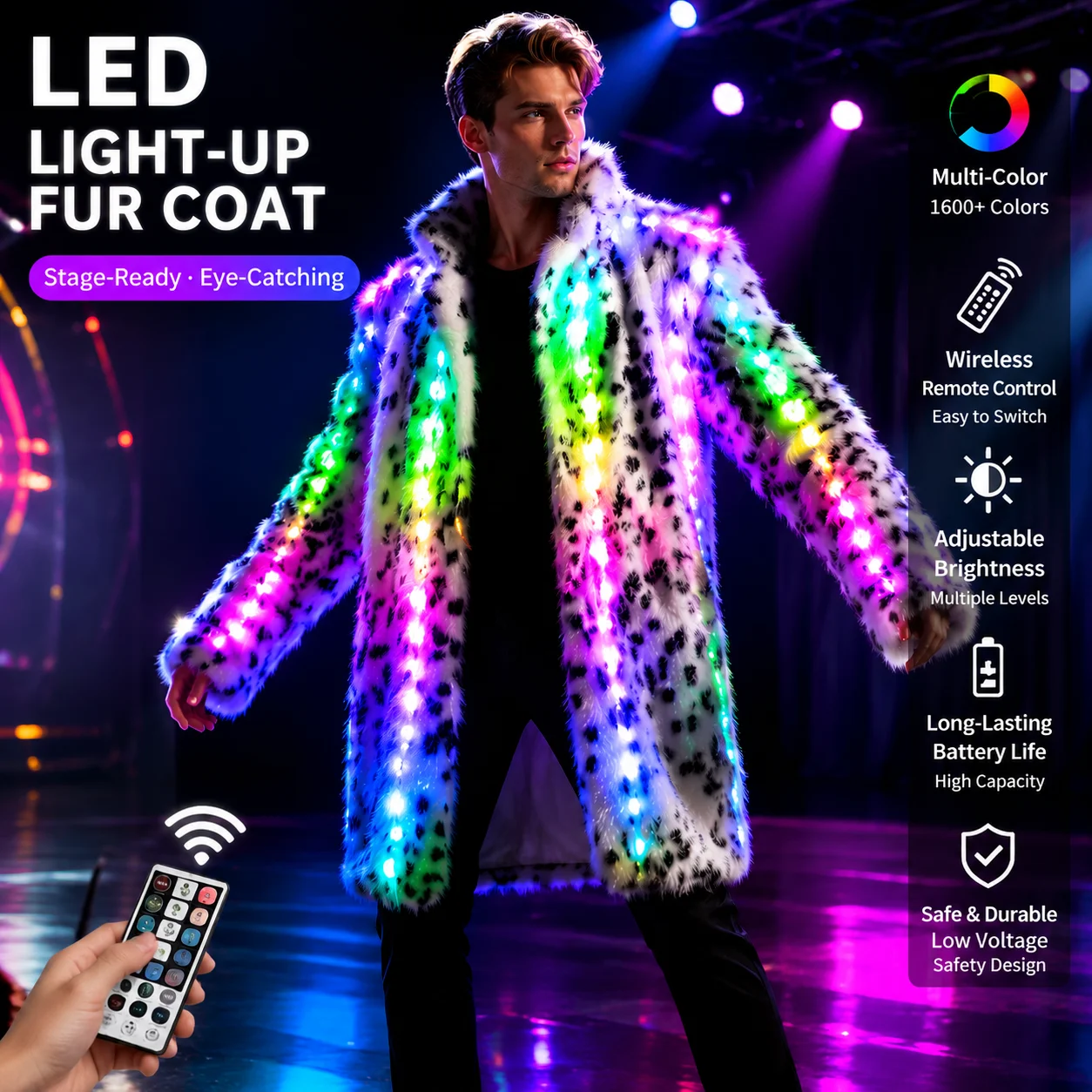 Herrenjacke aus Kunstfell mit Pailletten, Kapuze, Patchwork-Design, LED-Kostüm, Langer Mantel, Flauschig Warm für Winter, Bühne, Tanz, Party, Cosplay