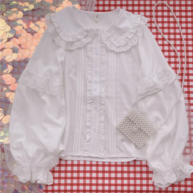 Lolita Shirt White Elegant Women Preppy Style Blouses Cute Peter Pan Collar Lace Ruffle JK Shirts Girls Long Sleeve Blusas Mujer — zdjęcie 2