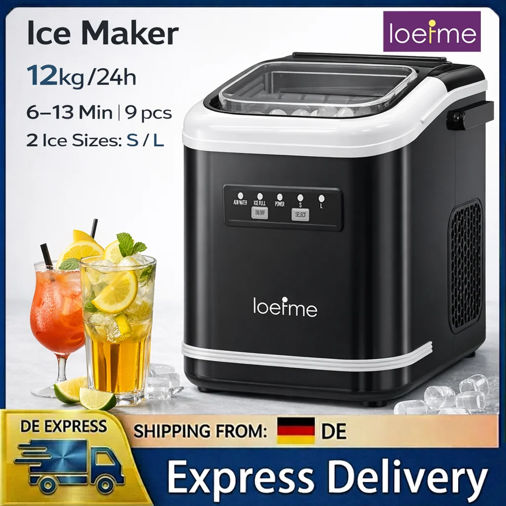 LOEFME Tragbare Eiswürfelmaschine 12kg/24h 9 Eiswürfel in 6-13 Min LED Anzeige mit wählbarer Eisgröße 1,4L Wassertank Zuhause