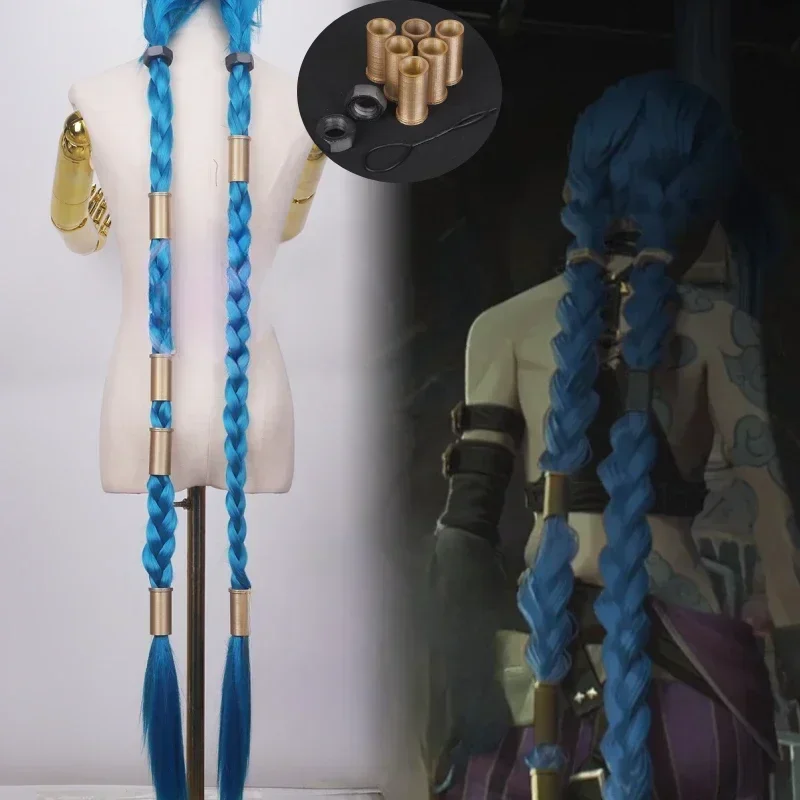 LOL Jinx Żywiczne nakrycie głowy Peruka Cosplay Niebieskie warkocze Warkocze Luźne włosy syntetyczne Halloween Impreza Odgrywanie ról Peruki — 2