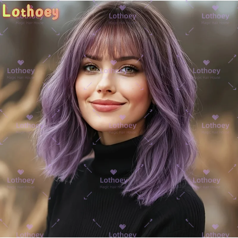 Бесклеевой фиолетовый короткий вьющийся парик из натуральных волос, парики из человеческих волос, парик с объемной волной, парик с челкой, удобный и удобный