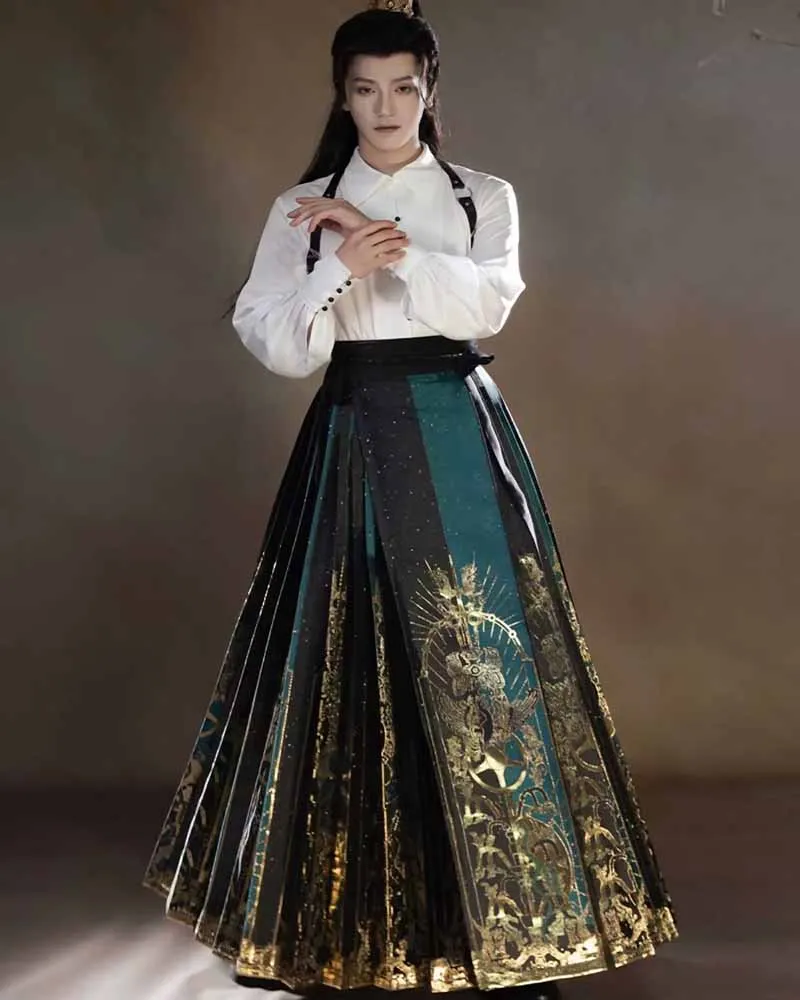 

2024 Autumn Hanfu Face Horse Skirt Suits Men New Party Outfit Fashion White Long Sleeve Shirt With Pleated Skirt Formal Dress