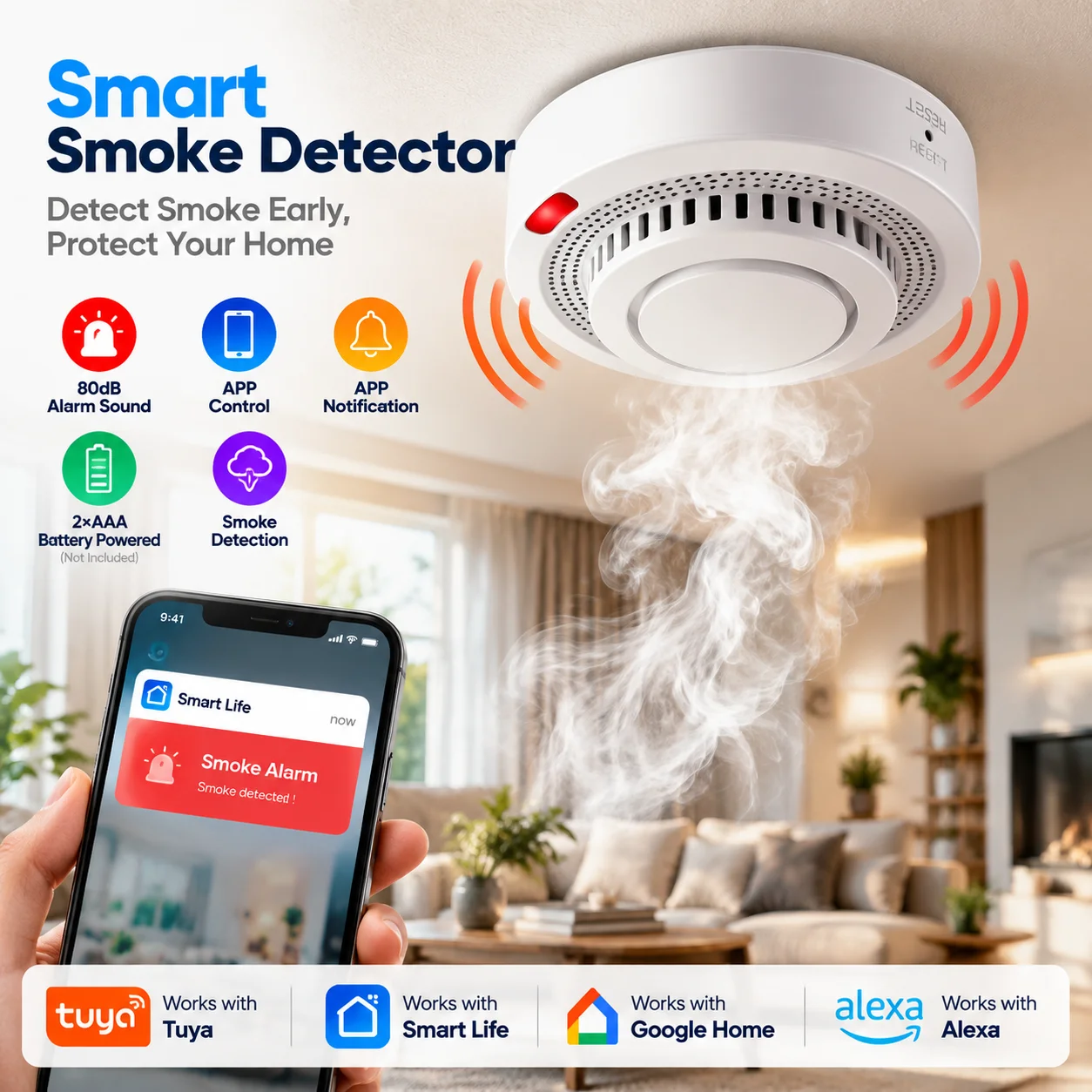 2.4G WiFi Smoke Detector Sensor Fire Alarm Works With Tuya Smart Life APP Information Push Smart Home Security System