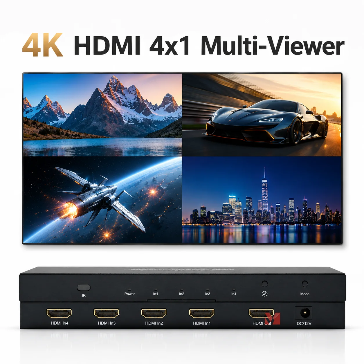 4 Port HDMI Switch 4K30Hz Seamless Switching Multi-Viewer with IR Control Quad Viewer HDMI MultiViewer for Camera PC