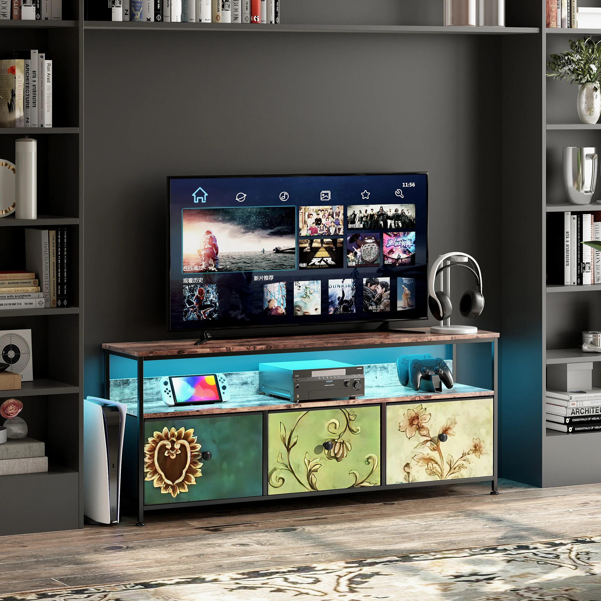 108 × 30 × 57cm TV-Schrank, Side board mit 3 Stoffs chu bladen und offenen Regalen, mit