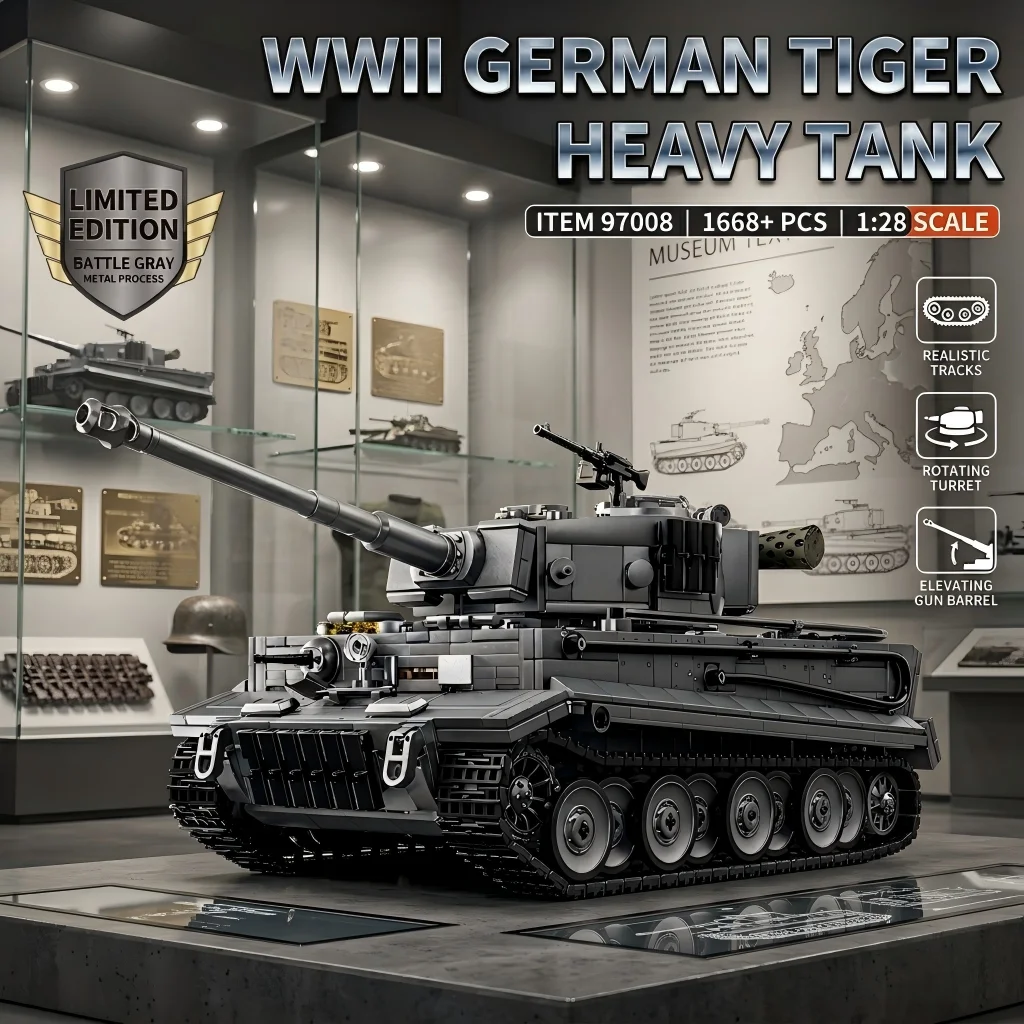 

1668pcs Military Tiger I Tank Building Blocks WW2 German Heavy Tank DIY MOC Model Kit High-Tech Grey Bricks Toy Adults Boys Gift