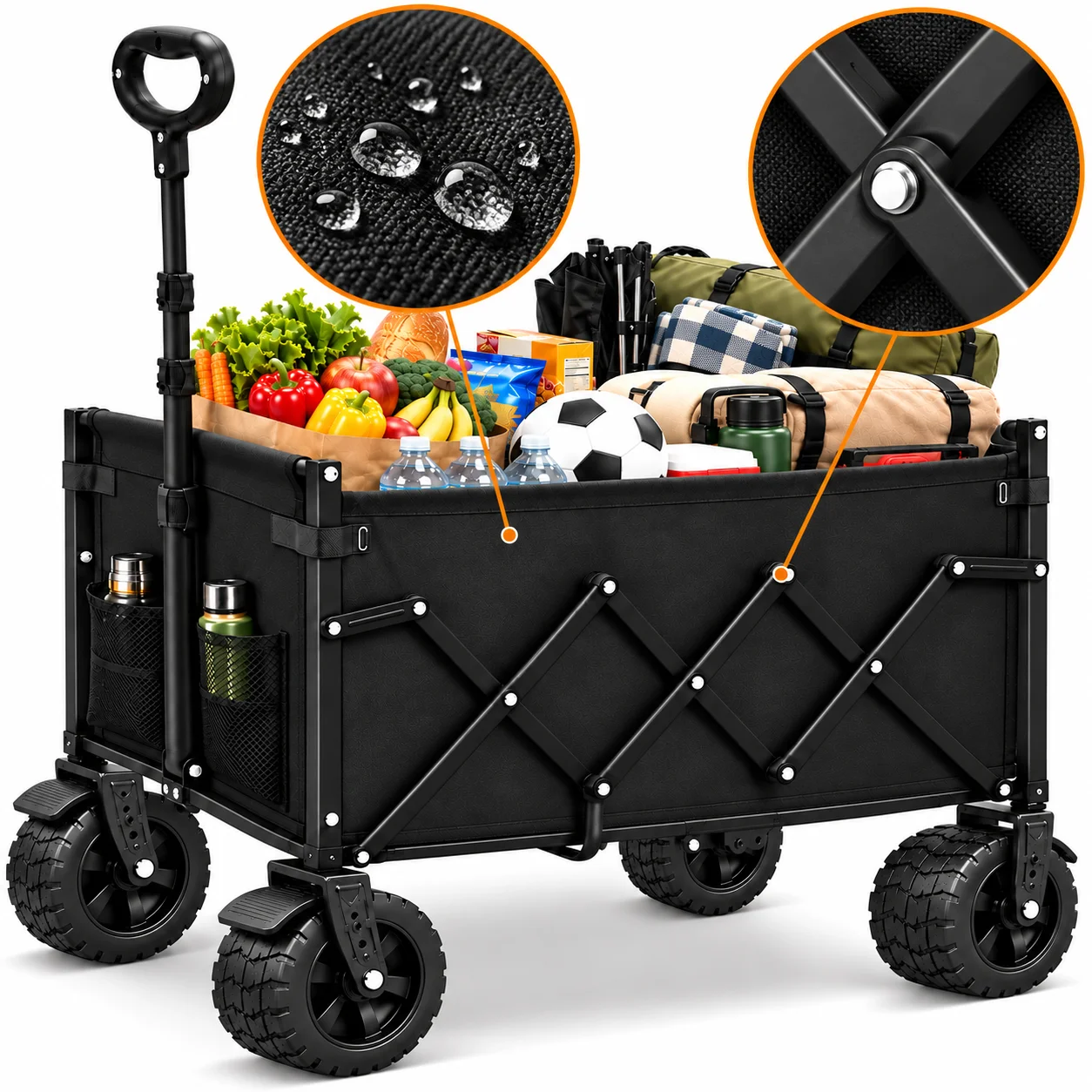 739/600/375LBS Heavy Duty Folding Wagon Cart, Large Capacity Collapsible Utility Wagon with Reinforced Steel Frame, Durable Oxford Fabric, Adjustable Handle, Extra Wide All-Terrain Wheels & Side Storage Pockets for Camping, Shopping, Garden, Beach & Outdo - view 8