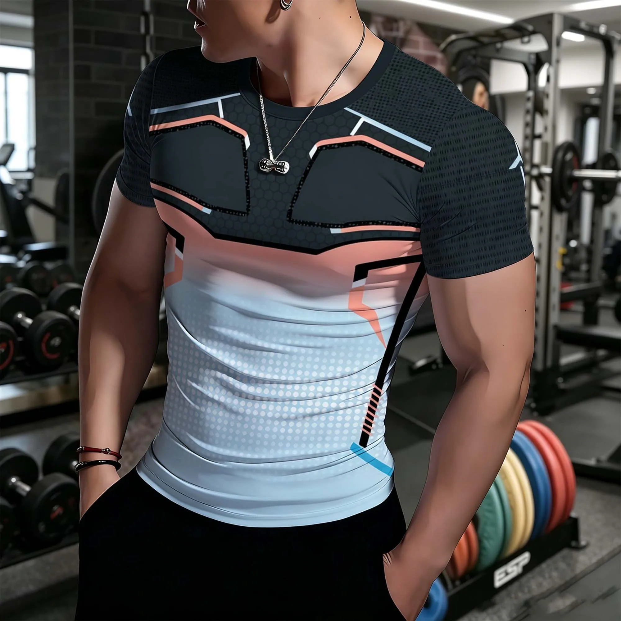 Modisches Rosa-Blaues Farbverlauf Geometrie-Print Herren Kompressions-Oberteil Wabenmuster Schnelltrocknend Kurzarm Radsport Muskelformendes T-Shirt