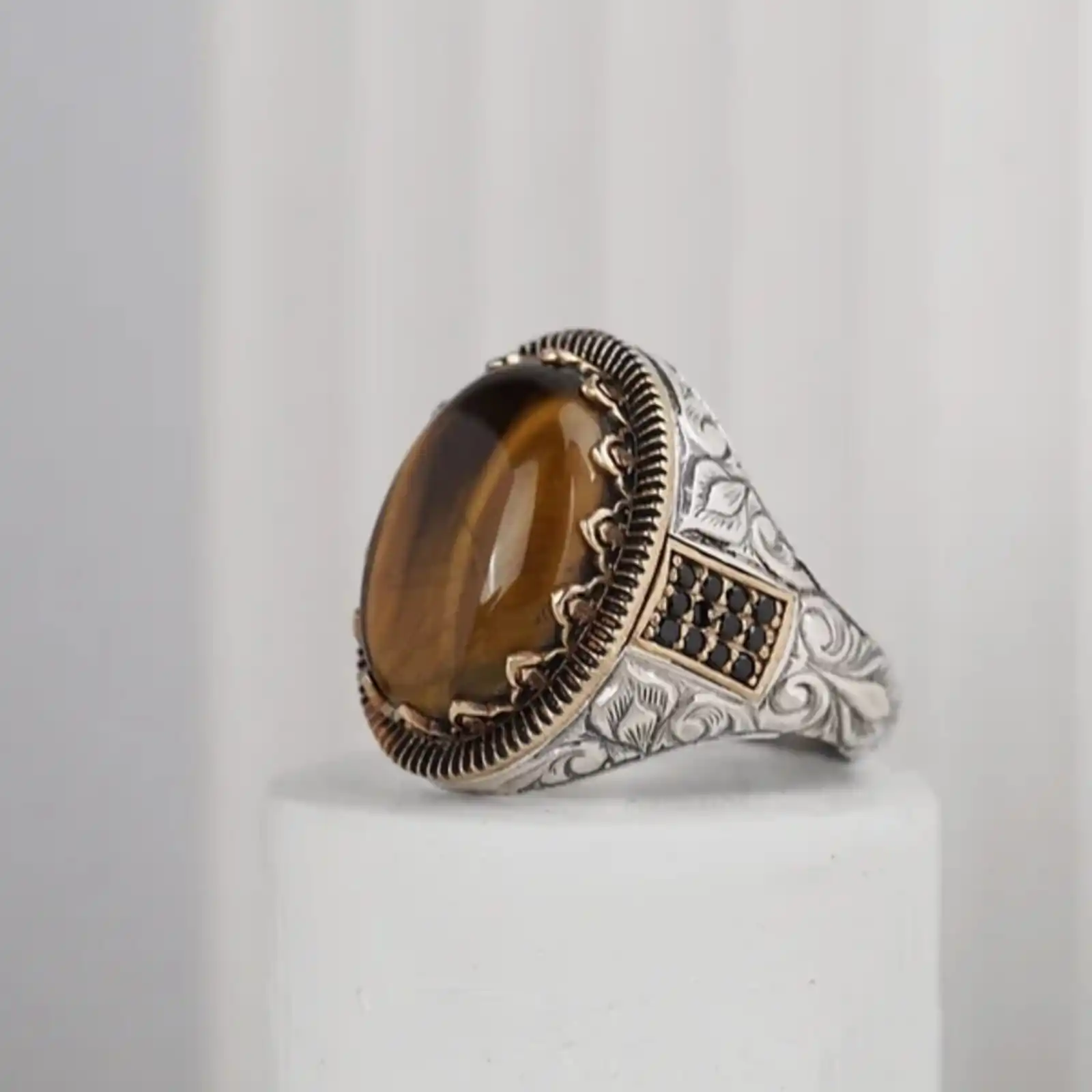 

Unique Handcrafted Men's Tiger's Eye Stone Ring - Adjustable Size 925 Sterling Silver - Handmade Unique Jewelry