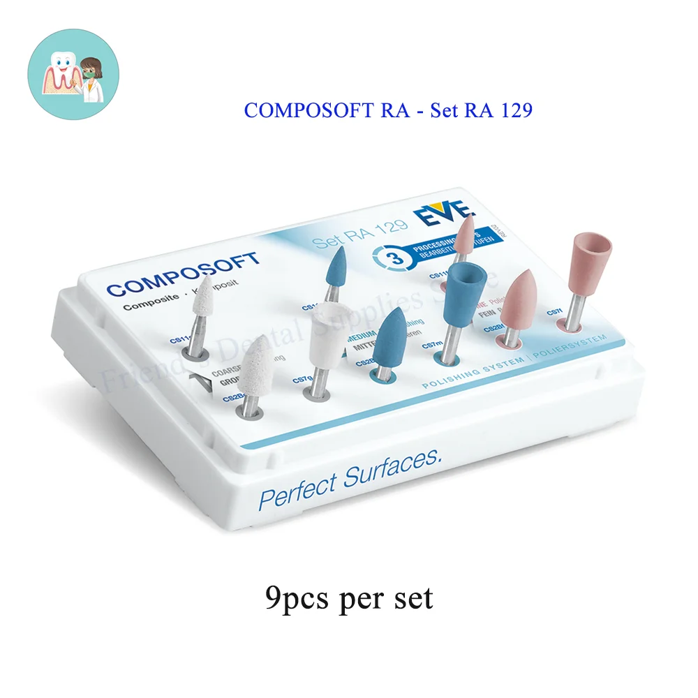 

Dental EVE Composoft Polisher Set RA129 Angled 9pcs, Finishing&Polishing Dentistry Composite Bonded Silicone System No. 9089