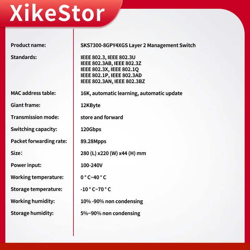 XikeStor 12Ports L2 WEB/CLI Managed Switch 8*100/1000/2500Mbps RJ45 4*10G SFP+ Support VLAN & Port Aggregation