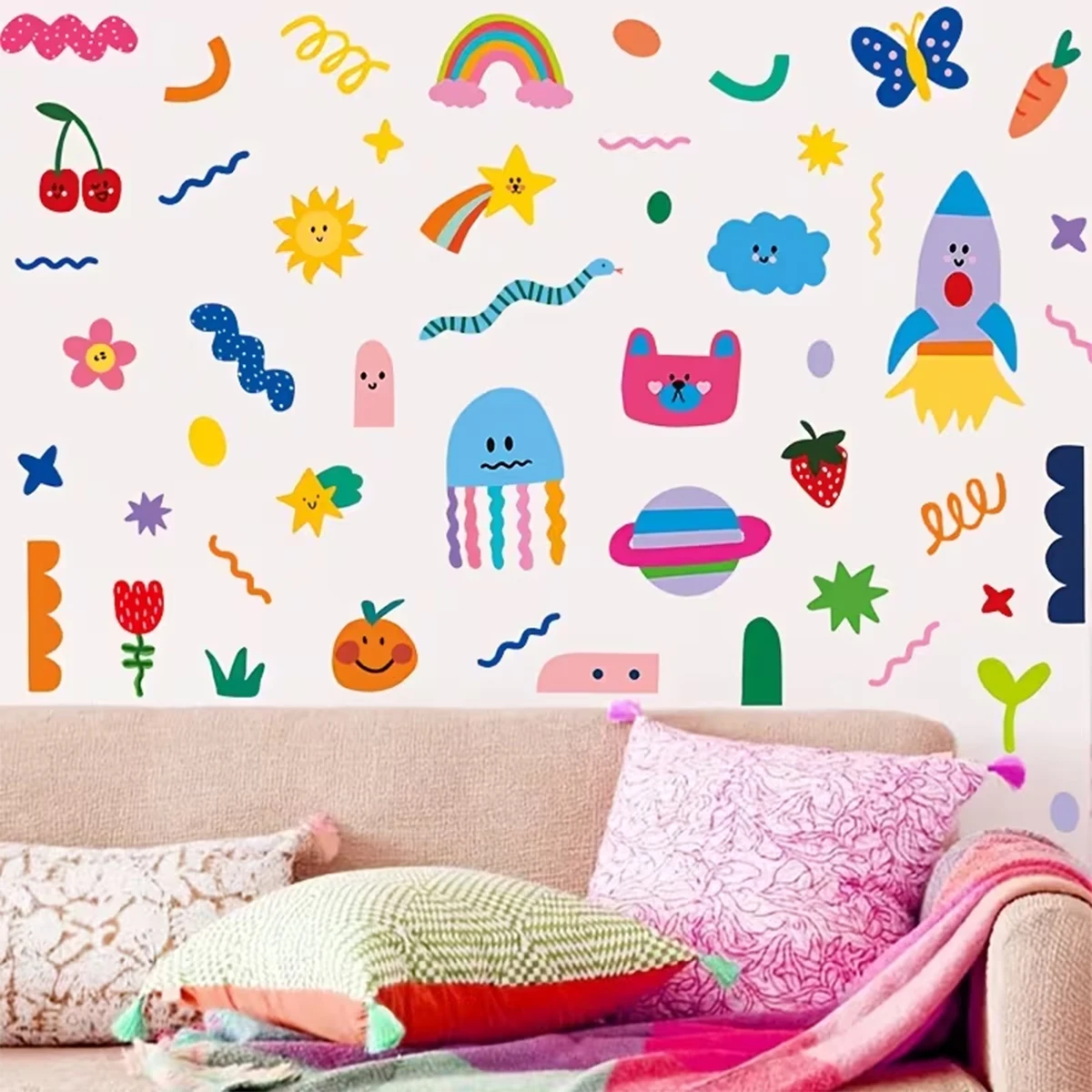 50Pcs Cute Rocket Wall Stickers Cartoon Planet Space Jellyfish Decal Removable PVC Nursery Mural Wallpaper Playroom Home Decor