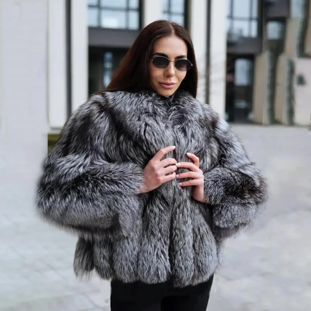 Women Fashion Real Silver Fox Fur Jacket Lapel Collar High Quality Female Genuine Silver Fox Fur Coats Casual Woman Overcoats