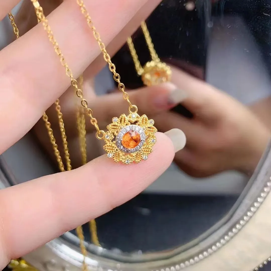 

KJJEAXCMY Brand Boutique Women's Jewelry Natural Fanta Garnet Pendant+Necklace 925 Sterling Silver Electroplated 18K gold Girl