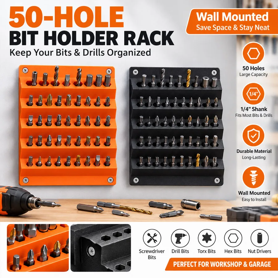 50-Hole Wall Mounted Screwdriver Bit Organizer 5-Tier Stepped Hex Shank Holder for 1/4