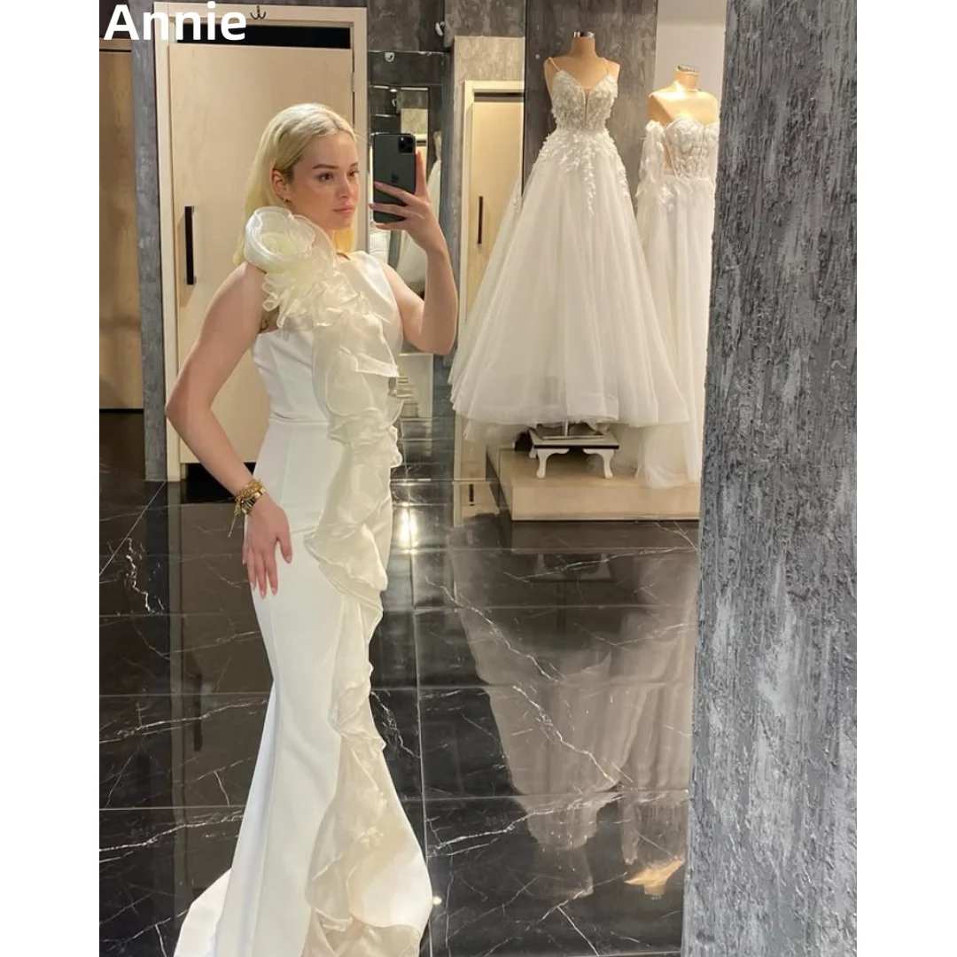

Annie Handmade Organza Curled Edge Prom Dresses White Four-sided Stretch Evening Dresses Ladies Special Occasions فساتين سهرة