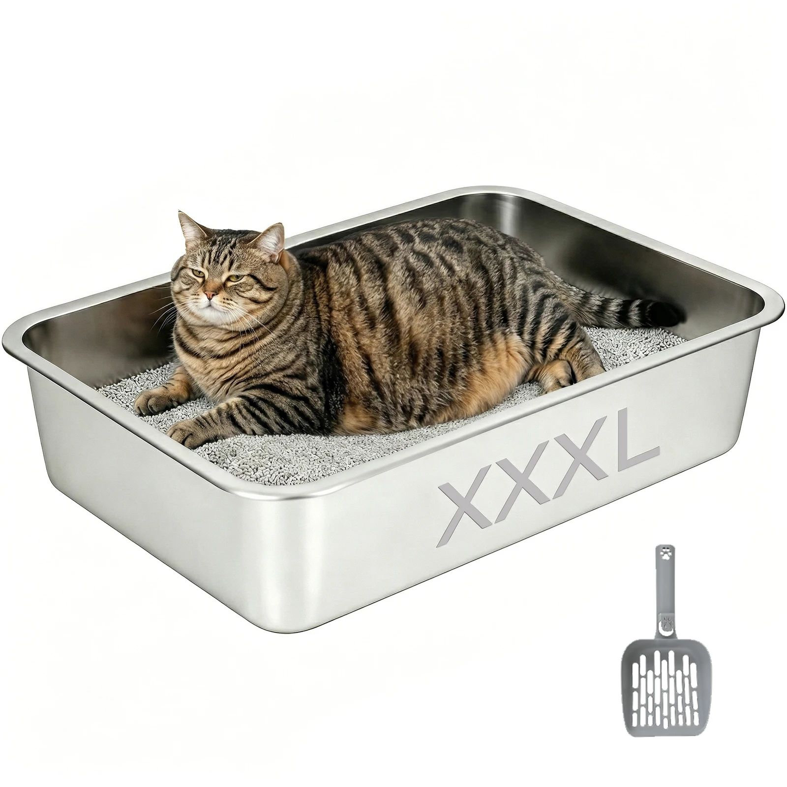 XXL Edelstahl Katzentoilette – Extra Groß Katzenklo mit hohem Rand & Schaufel, rostfrei & antihaftbeschichtet, für große Katzen & Mehrkatzenhaushalte