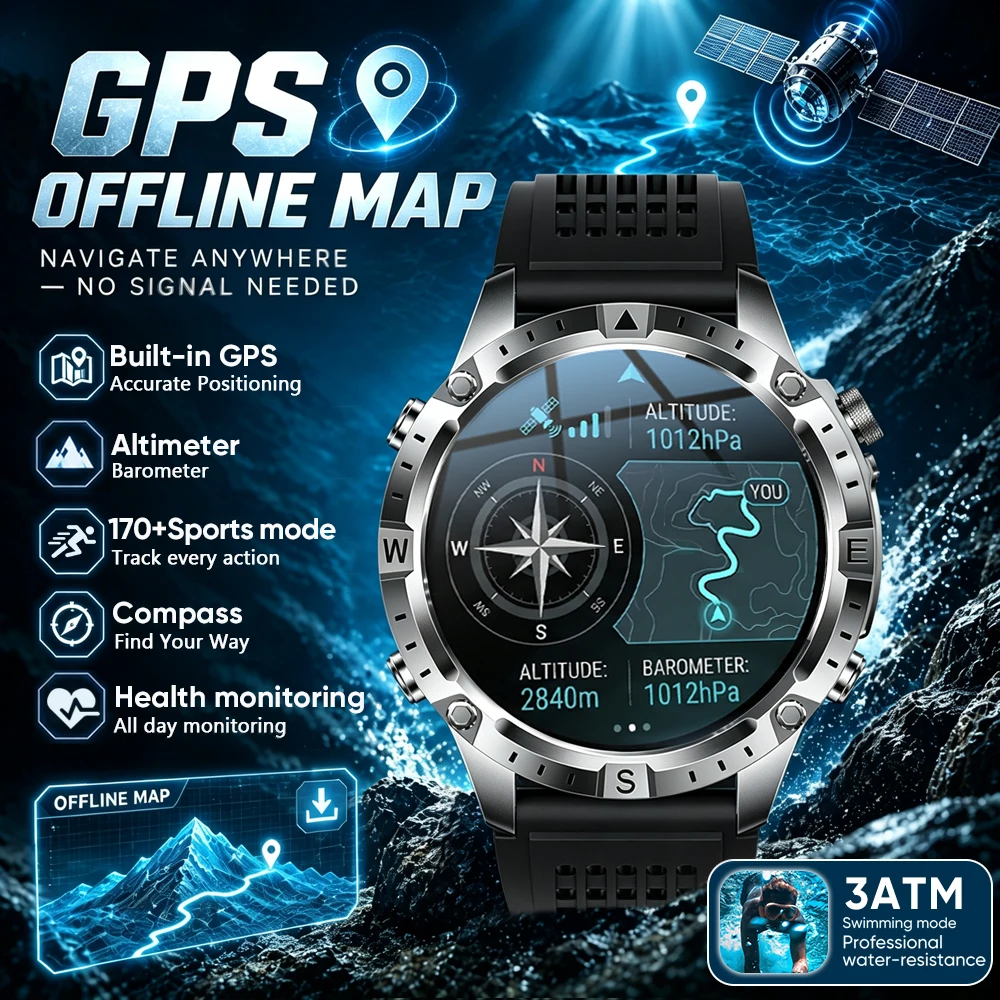 Nouvelle montre intelligente de sport d'extérieur 2026 avec GPS intégré, carte hors ligne, appels HD, écran AMOLED 1,43", étanche 3ATM, boussole, altimètre, lampe de poche LED, montre intelligente militaire pour hommes