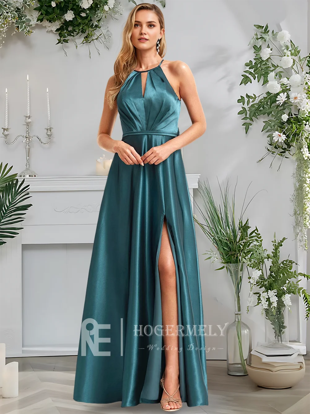 ​ Vestidos de dama de honor de satén elástico hasta el suelo con cuello Halter, corte en A, color azul pizarra de lujo, con abertura en la espalda, cóctel para invitados de boda, 2025 ​