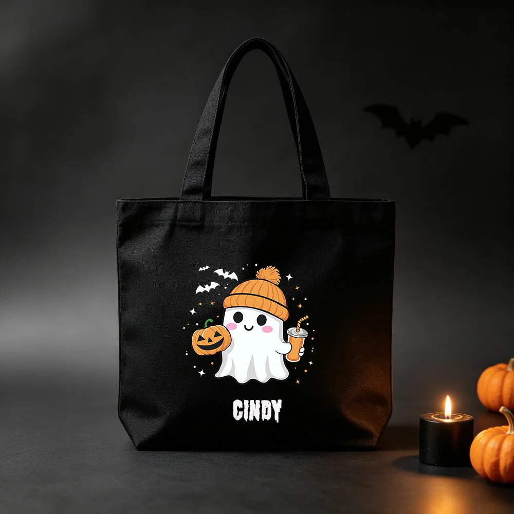 Personalized Name Halloween Trick or Treat Canvas Handbag, Customized Ghost Pumpkin Print Reusable Candy Shoulder Bag.