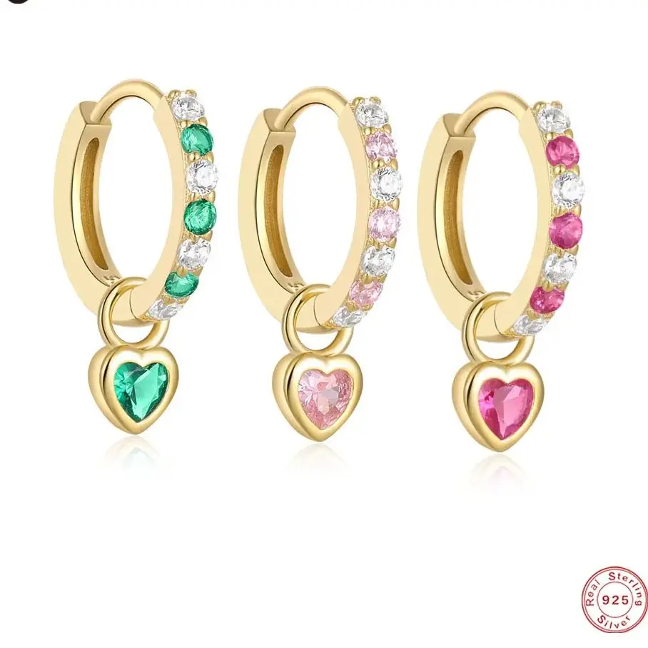 Aide 925 Sterling Silver Colored zircon Green Pink Heart Charm Earrings For Women 18K Gold Crystal Pave Circle Fine Jewelry