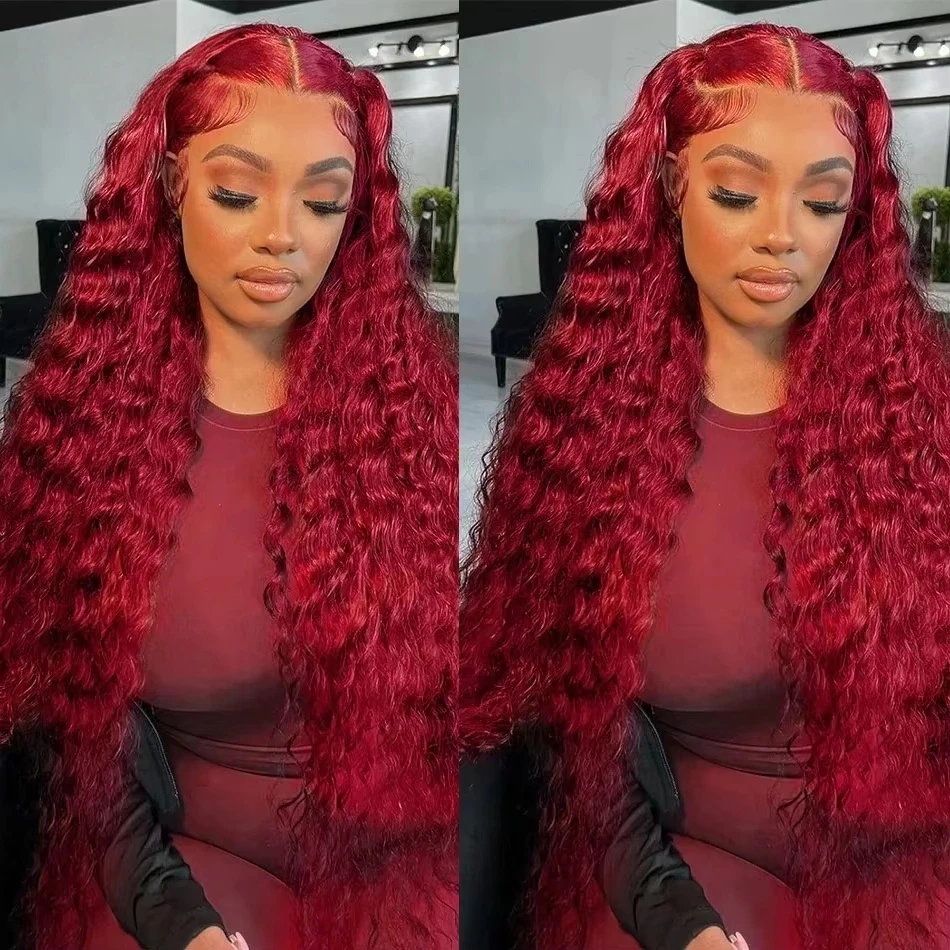 

Burgundy 13x6 HD Lace Frontal Human Hair Wig Deep Wave Curly Wigs For Women 30 Inch Water Wave Colored 99J Red Lace Front Wig