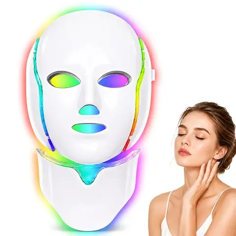 7 Color LED Face Mask Light Therapy Skin Care Device with 192 LEDs Face and Neck Beauty Mask Red Blue Green Light Facial Care for Acne Prone Dull Dry Skin Anti Aging Skin Rejuvenation Non Invasive UV Free Home Spa Beauty Tool for Women Men