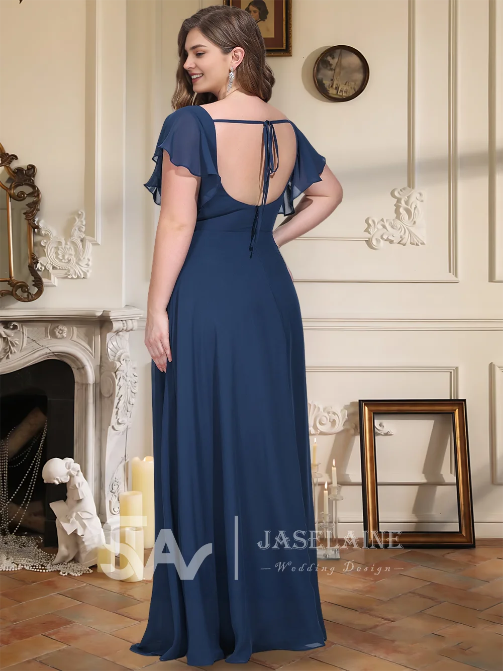 WMP Bridesmaid Dresses A-Line Square Neck Floor-Length Chiffon Ruffle Leg Slit Wedding Evening Party Cocktail Dresses Women