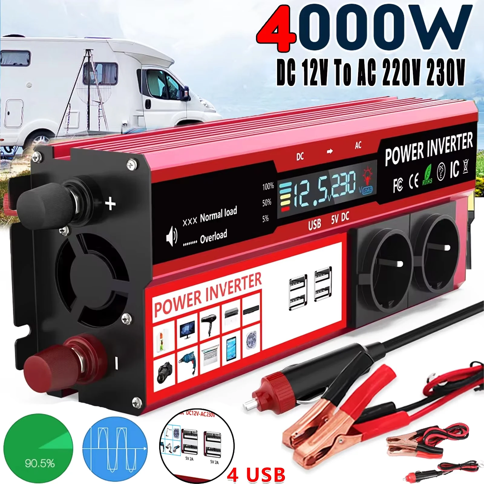 4000W 3000W Power Inverter DC 12V To AC 220V 230V Transformer With 4 USB EU Socket Charge With LED Display For Trips and Camping