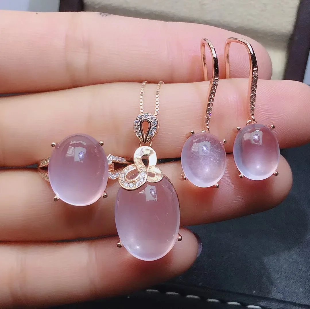 KJJEAXCMY Girls' Natural Pink Crystal Hibiscus Stone Gemstone Necklace Pendant Ring Earring Set 925 Pure Silver Plated Rose Gold