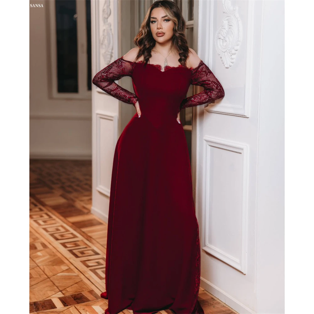 

Sansa Customized Burgundy A-line Off Shoulder Lace Prom Dresses Long Sleeve Vestidos De Noche Floor-Length Formal Evening 2025