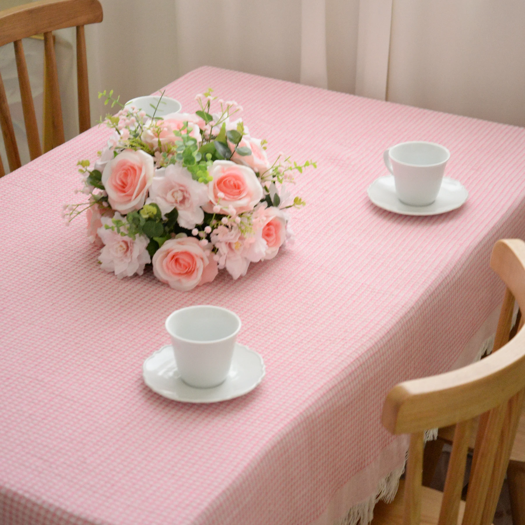 Heavy Duty Wipeable Polyester Tablecloths, Reusable Crochet Table Cover for Outdoor Picnic Camping Dining Table, Pink and White