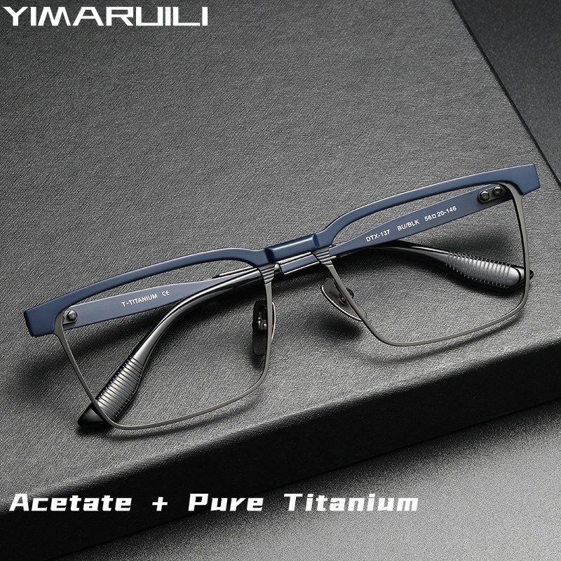 

YIMARUILI Business Fashion Retro Square Luxury Eyewear Myopia Acetate Pure Titanium Optical Prescription Eyeglasses Frame Men