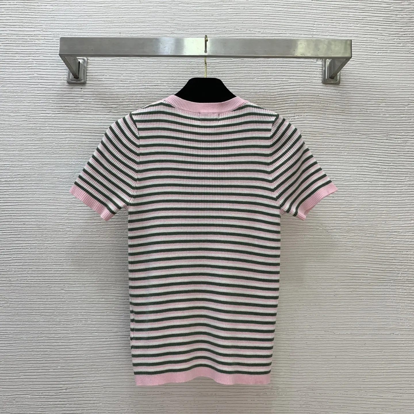 

2025 New Color Blocking Striped Elastic Slim Fit Short Sleeved Knitted Shirt top 79