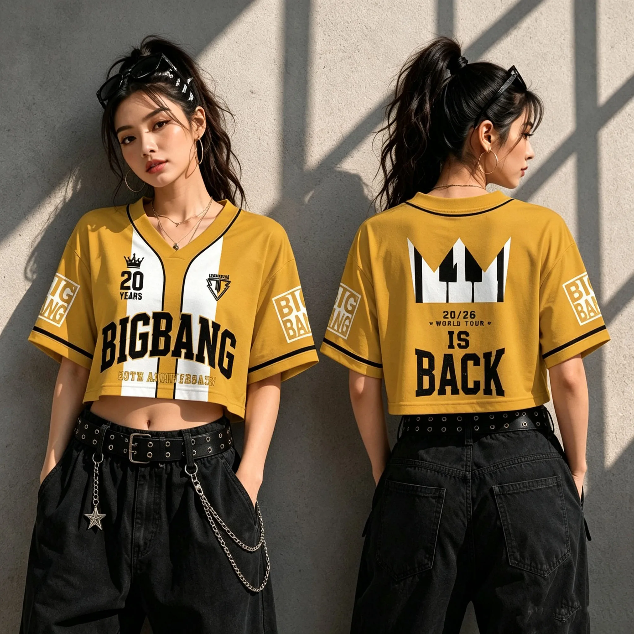 Image of 2026 BIGBANG 20. Jubiläum Cropped Jersey T-Shirt Damen V-Ausschnitt Kurzarm Crop Top Kpop World Tour Fans Streetwear Tee