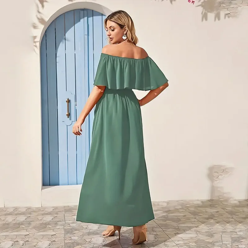 Casual Wrap Dress Waist Slit Skirt Solid Color Off The Shoulder Cape Sleeves Flowing Dress For Weekends Going Out Women's Clothi