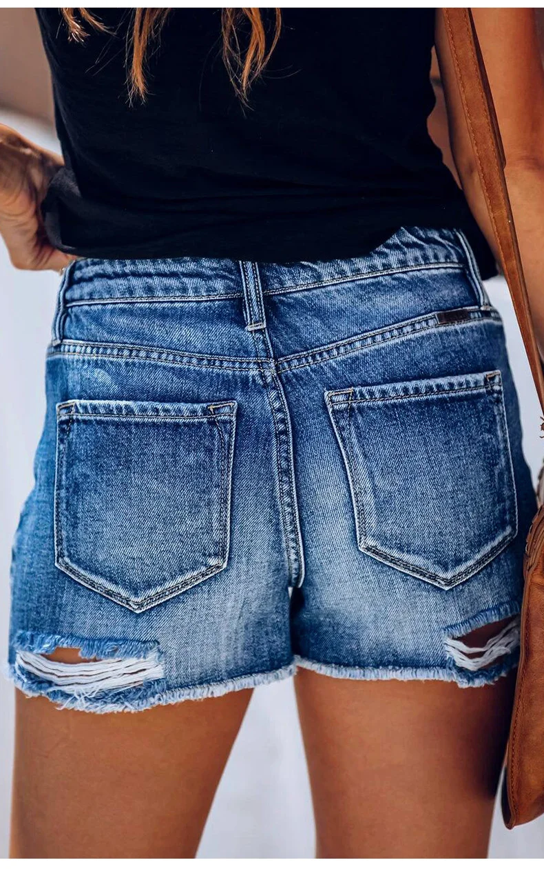 Summer Street Vintage Women's Shorts Ripped Cat Beard Straight Leg Slim Stretch Fashionable Denim Shorts