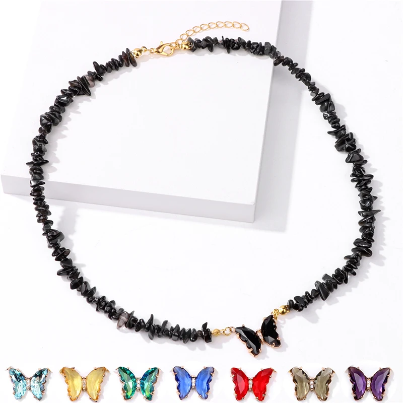 New Fashion Butterfly Pendant Necklaces Natural Chip Tiger Eye Amethysts Neckalces Women Choker Jewelry Energy Healing Yoga Gift