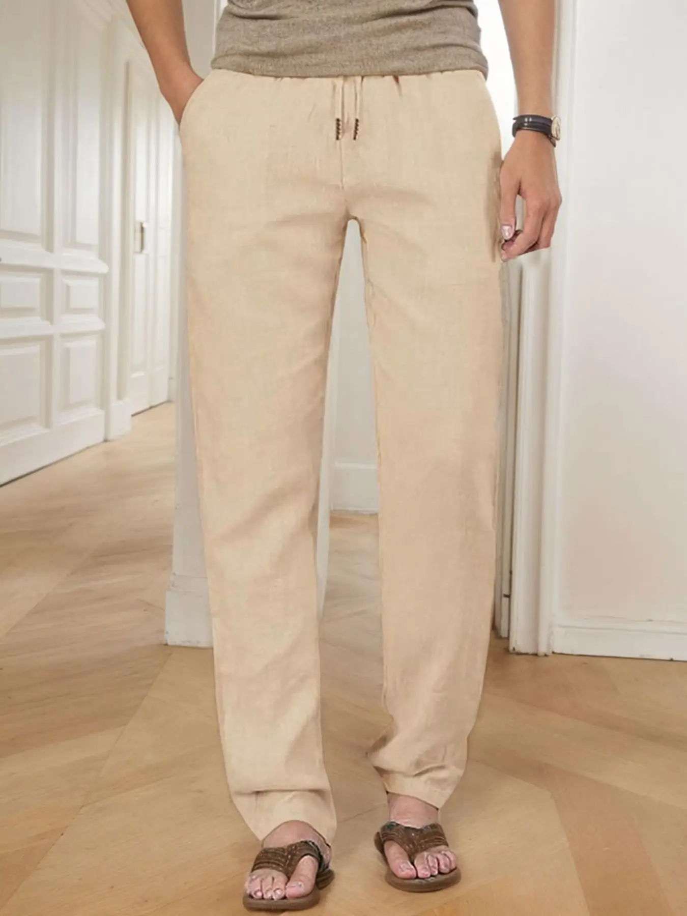 

Мужские однотонные повседневные брюки из хлопка и льна с завязками на талии, свободные прямые брюки